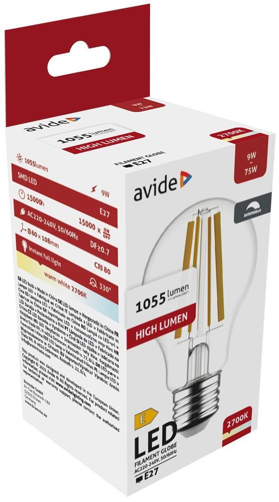 Avide LED Filament Globe 9W Dimmable E27 WW 2700K - Avide