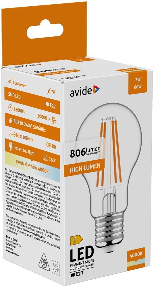 Avide LED Filament Globe 7W E27 NW 4000K - Avide
