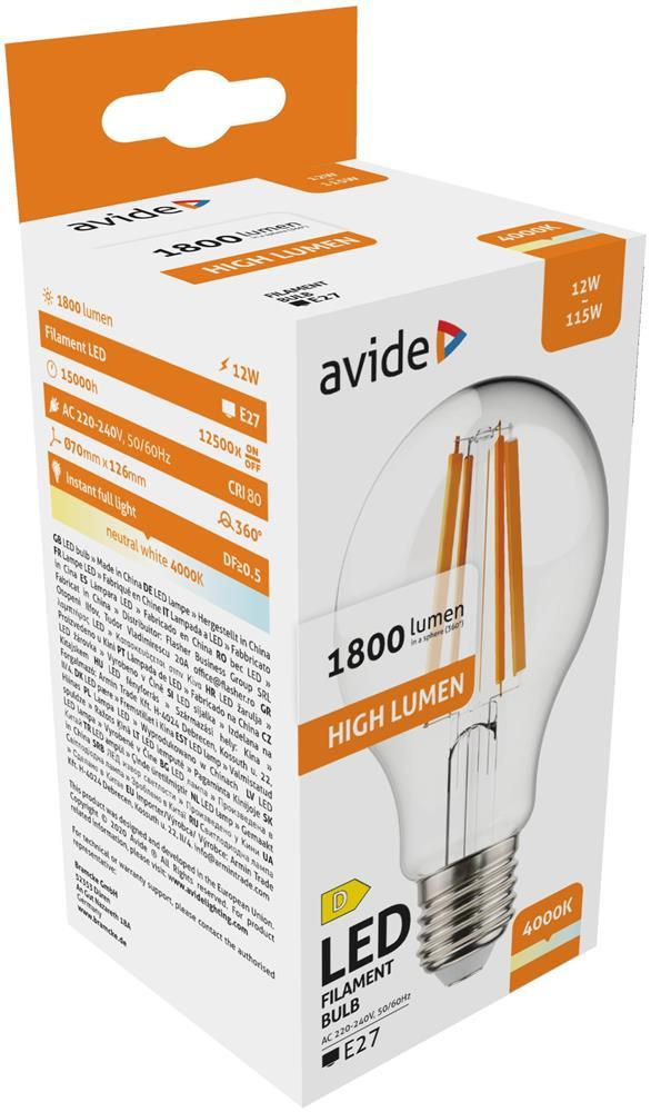 Avide LED Filament Globe 12W E27 A70 180 NW 4000K Haut Lumen - Avide