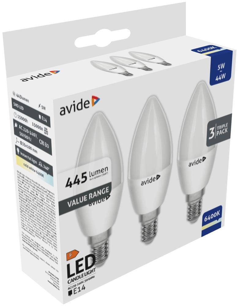 Avide Value LED Candle E14 5W CW 6400K Trio - Avide