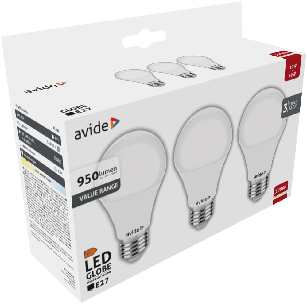 Avide Value LED Globe E27 10W WW 3000K Pack de trois - Avide