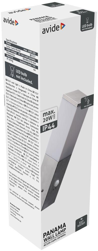 Avide Buitenwandlamp Panama 1xE27 PIR IP44 Satin Nickel - Avide