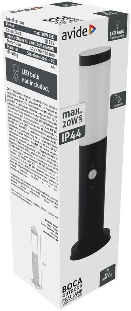 Avide Borne extérieure Boca 1xE27 PIR 450mm IP44 Noir - Avide