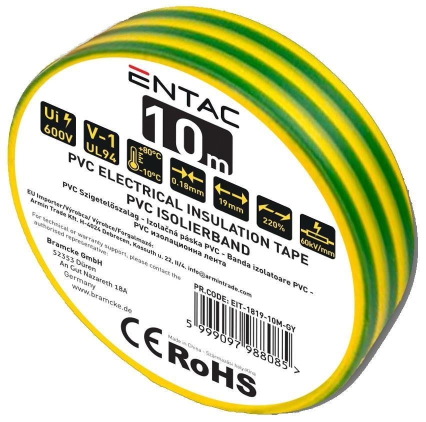 Ruban isolant Entac 0.18x19mm Vert-Jaune 10m - Entac