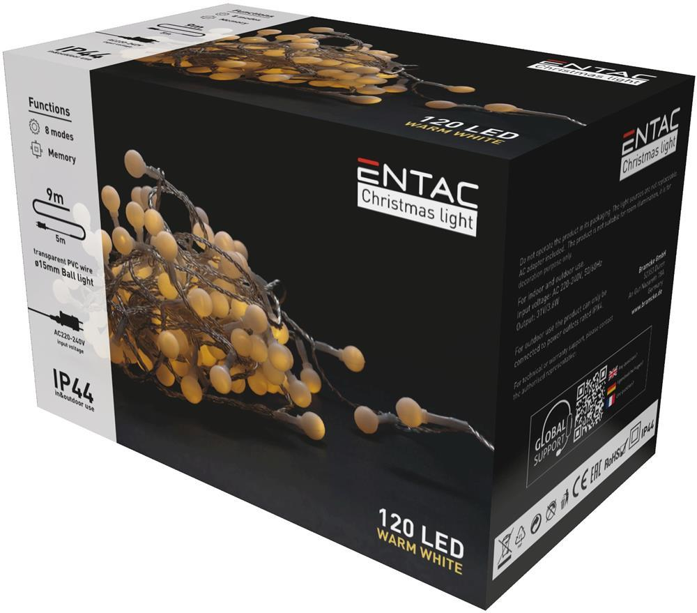 Entac Christmas IP44 Light 15mm Balls 120LED 9m WW - Entac