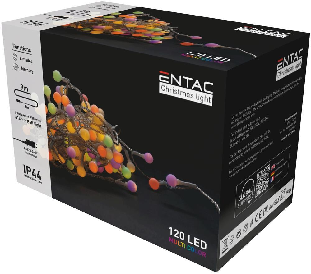 Entac Christmas IP44 Light 15mm Balls 120LED 9m MC - Entac