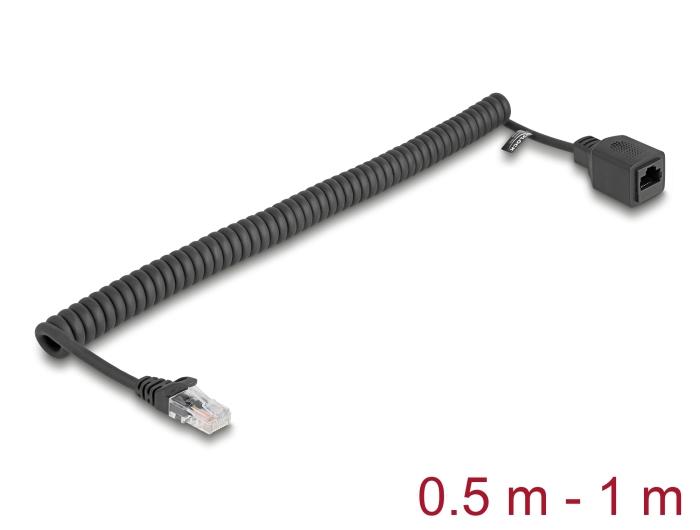 Delock RJ45 Spiralkabel Stecker auf Buchse Cat.5e UTP 0,5 m bis 1 m schwarz