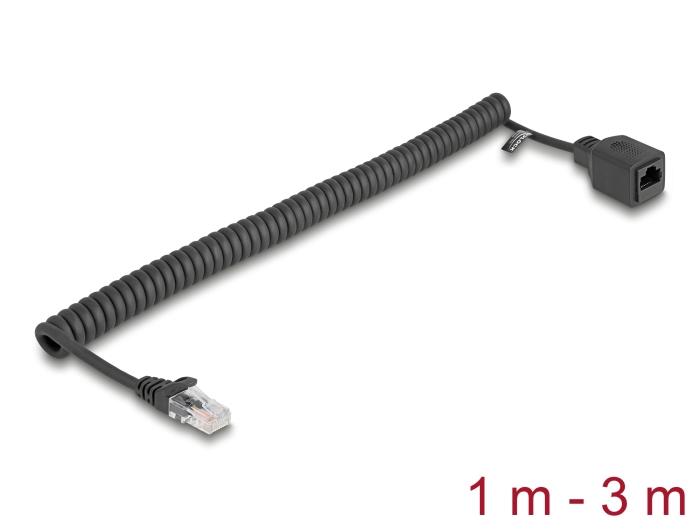 Delock RJ45 Câble spiralé Fiche vers Prise Cat.5e UTP 1 m à 3 m noir