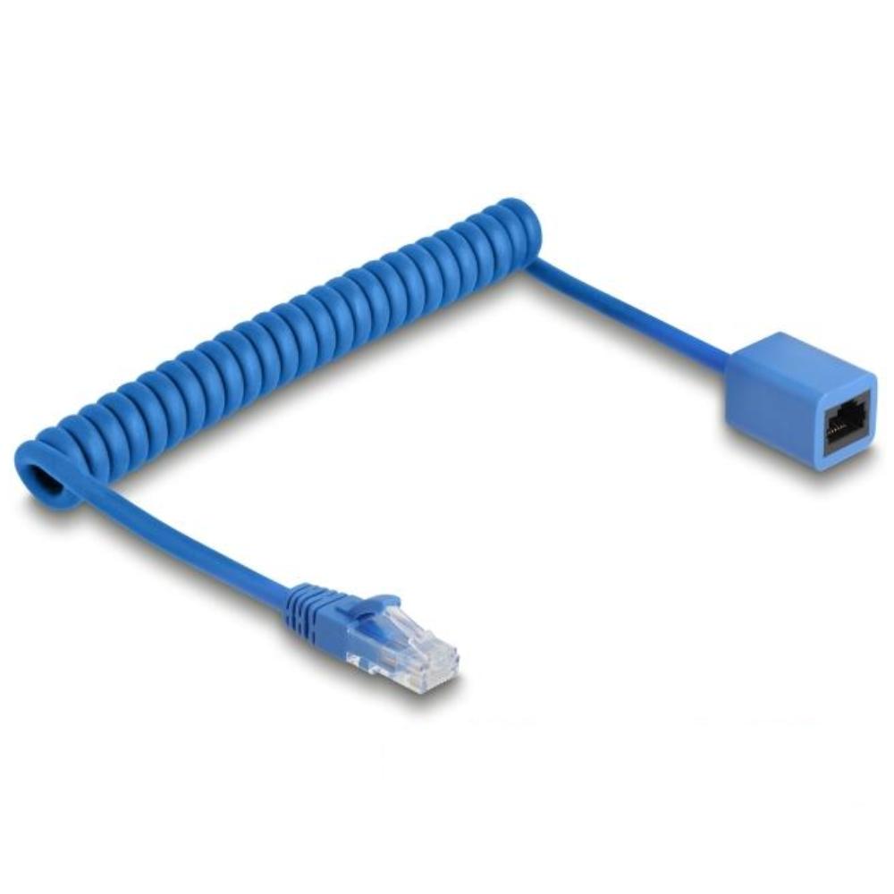 Delock RJ45 Câble spiralé Fiche mâle vers Fiche femelle Cat.6 UTP 0,45 m à 0,75 m bleu