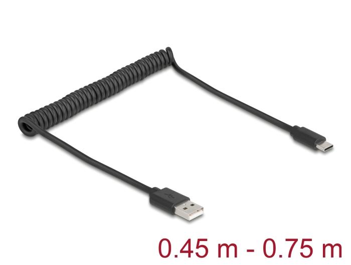 Delock USB 2.0 Câble spiralé USB Type-A mâle vers USB Type-C™ mâle 0,45