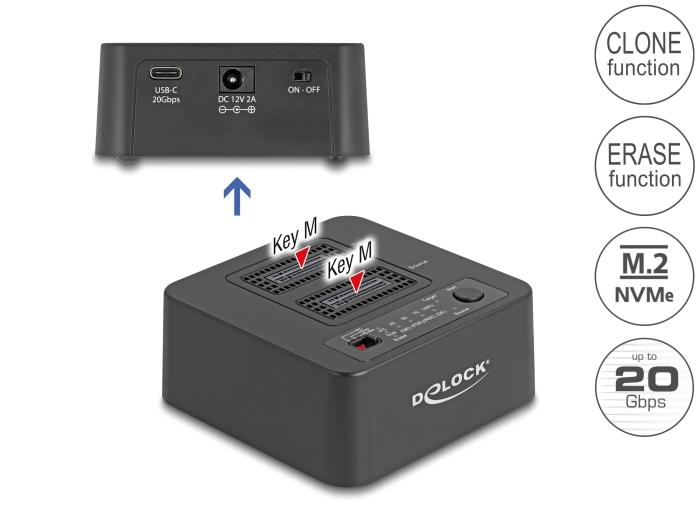Delock USB 20 Gbps M.2 Station d'accueil pour 2 x M.2 NVMe PCIe SSD avec fonction de clonage-