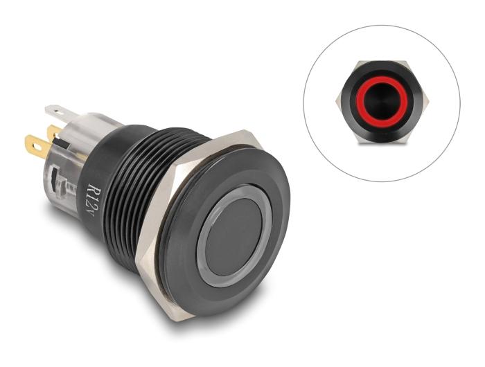 Delock Bouton-poussoir encastrable noir 22 mm 12 V 5 x points de soudure LED r