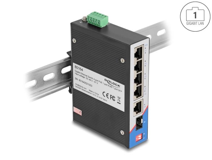 Delock Switch Gigabit Ethernet Industriel 4 ports PoE 1 port RJ45 1 port SFP