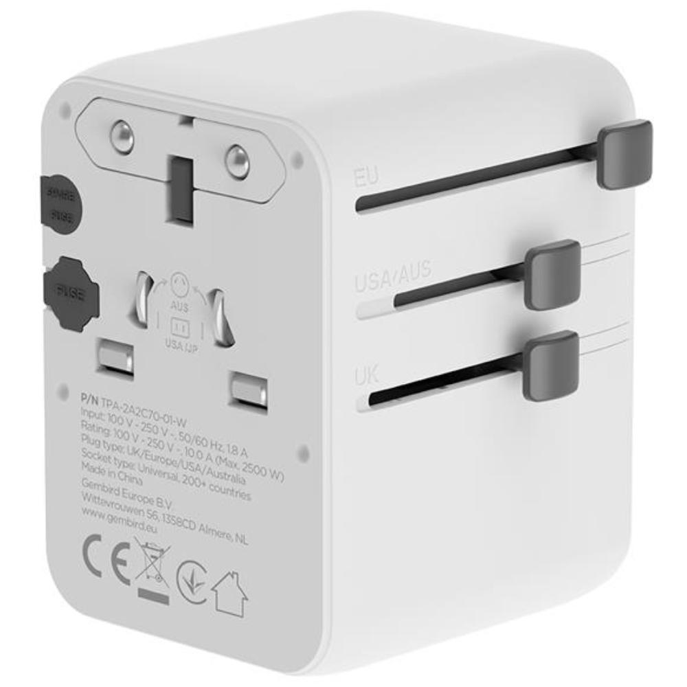 Adaptateur de voyage universel avec chargeur USB, 70 W, blanc