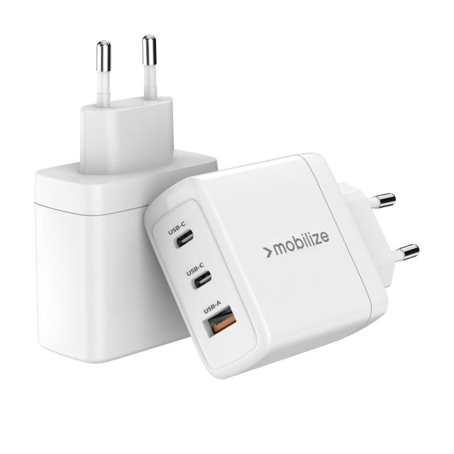 Mobilize Wall Charger 2x USB-C + 1x USB GaN 65W with PD/PPS White - Mobilize