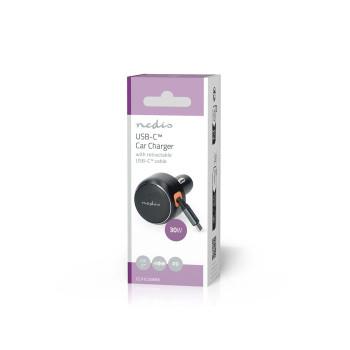 Autolader 30 W 2.4 / 3.0 A Outputs: 1 USB-C™ intrekbare kabel - Nedis