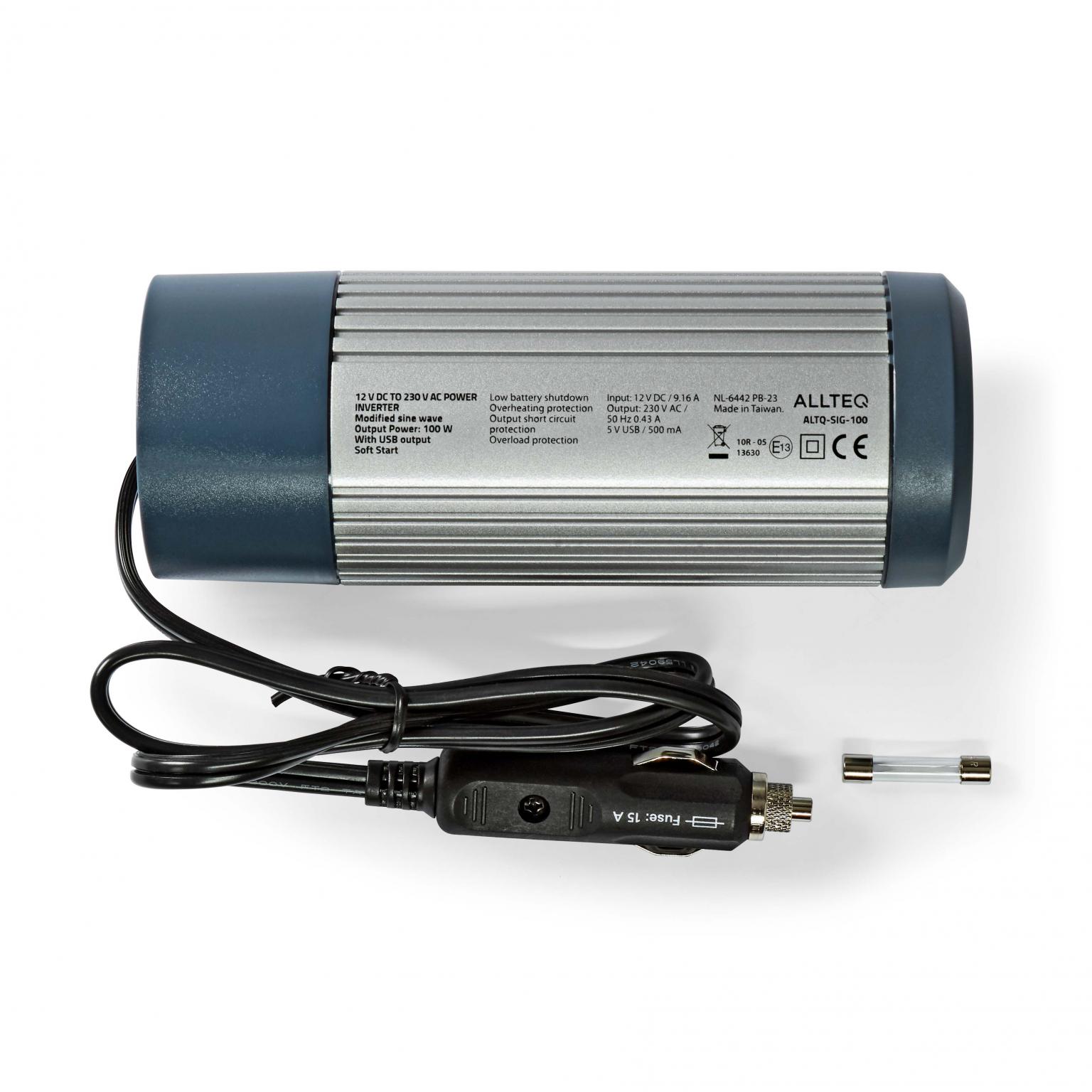 Convertisseur allume-cigare - Connexion 1 : allume-cigare, Connexion 2 :  fiche Schuko femelle, Connexion 3 : USB A femelle, Tension d'entrée : 12  volts, Puissance maximale : 100 watts.